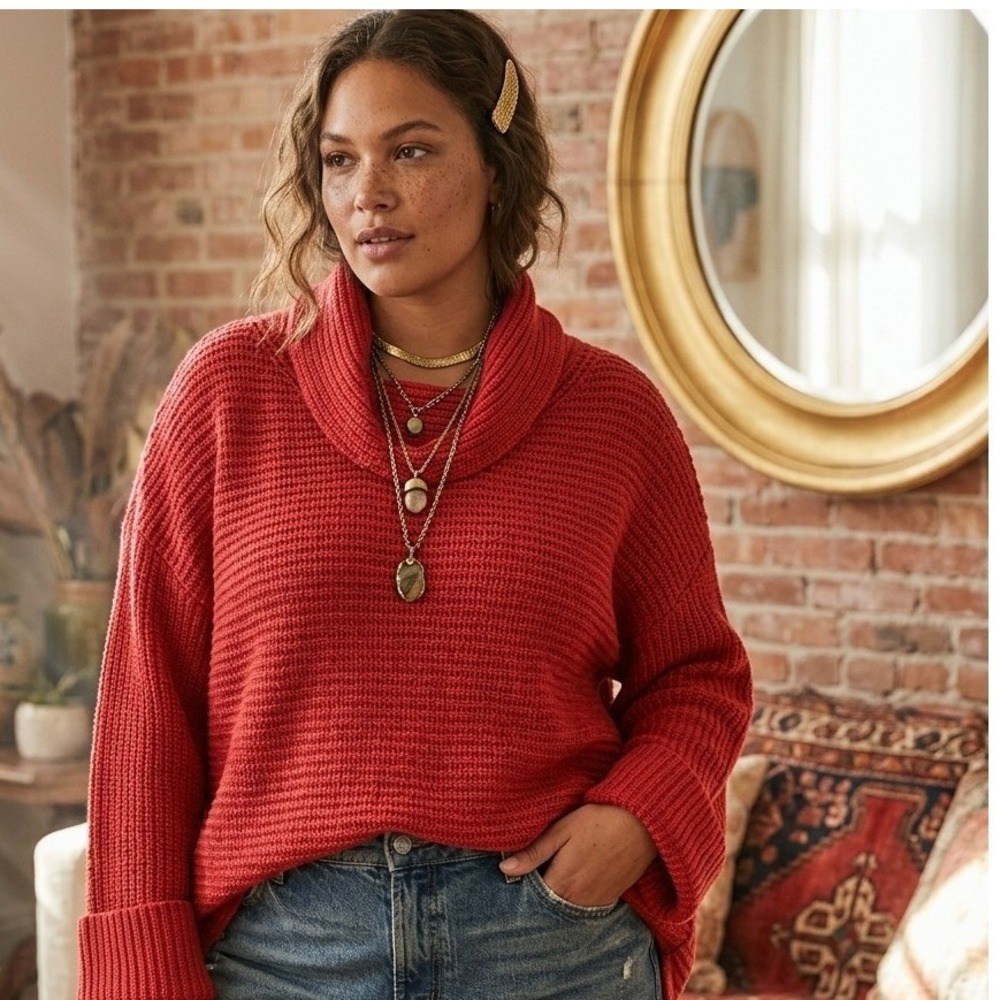 Pilcro Anthropologie Chunky Cowl Neck Plus Sweater 3X Red Terracotta Cuff Sleeve